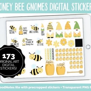 May include: A digital sticker set featuring 173 bee and gnome themed illustrations. The stickers include bees, gnomes, honey pots, flowers, and numbers. The stickers are designed for use in digital planners and notebooks.