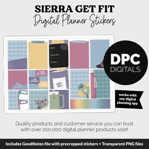 Op de afbeelding: Een set digitale planner stickers met motiverende citaten zoals "Ik kan dit!" en "Ik ben sterk." De stickers zijn ontworpen in een pastelkleurenschema met bloemmotieven en een geruite achtergrond. De tekst "DPC DIGITALS" is zichtbaar in de rechterbovenhoek van de afbeelding.