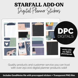 Op de afbeelding: Digitale plannerstickers met een Starfall-thema. De afbeelding bevat verschillende digitale planner-elementen, waaronder een laptop, een koffiekopje en een smartphone. De tekst luidt "STARFALL ADD-ON Digital Planner Stickers" en "DPC DIGITALS". De afbeelding vermeldt ook dat het werkt met elke digitale planning-app.