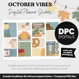 以下が含まれることがあります： 「October Vibes」をテーマにしたデジタルプランナーステッカー。ステッカーには、カボチャ、焚き火、プレッツェル、トウモロコシの迷路、ブーツの画像が含まれています。ステッカーは、あらゆるデジタルプランニングアプリで動作するように設計されています。