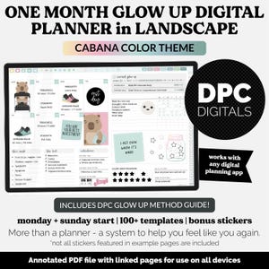 May include: Digital planner in landscape format with a "Cabana Color Theme." The planner includes templates, stickers, and a glow-up method guide. The screen displays a weekly layout with fitness goals, to-do lists, and intentions. The planner is designed to help users feel better.