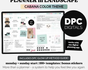 DPC Glow Up Monthly Digital Planner | Cabana Theme | Landscape | GoodNotes, iPad & Android | Wellness, Fitness, Self-Care, Beauty, Health