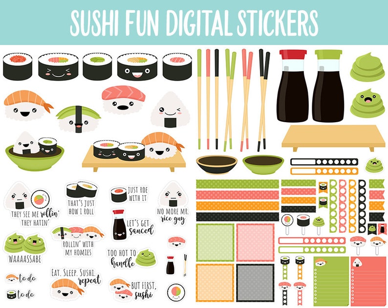 Sushi Fun Digital Stickers GoodNotes, iPad and Android Emoji, Mood Tracker, Kawaii, Food image 2