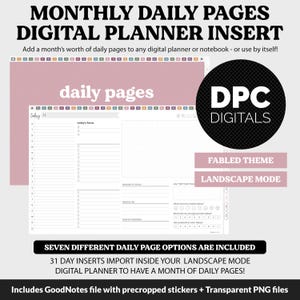 Könnte beinhalten: Digitaler Planer-Einsatz mit täglichen Seiten, mit einem rosa und weißen Design. Der Einsatz enthält einen Bereich "Heute", einen Fokusbereich und Platz für Dankbarkeit und Notizen. Der Text "DPC DIGITALS" und "Fabled Theme" ist ebenfalls enthalten.