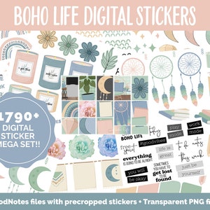 Boho Life Digital Sticker Mega Bundle | GoodNotes & iPad | August, Retro, Dreamcatcher, Papers, Work, Planner Girls, Adulting, Tasks