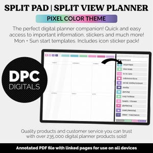 May include: Digital planner with a pixel color theme, featuring a split pad and split view design. The planner includes a dashboard, to-do lists, and various sections. The DPC Digitals logo is on the left. The text reads "Annotated PDF file with linked pages for use on all devices."