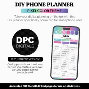Puede incluir: Interfaz de planificador digital en una pantalla de teléfono inteligente, con un tema de color pixelado. La pantalla muestra un índice con secciones y enlaces rápidos. La imagen también incluye el texto "DIY PHONE PLANNER" y "DPC DIGITALS".