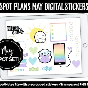 May include: Digital stickers for GoodNotes featuring a May theme. The stickers include a sun, a bear reading a book, a rainbow phone, a heart, a star, and a checklist. The text "May Spot Set!" is on a black circle.
