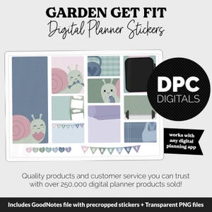 May include: Digital planner stickers with a garden and fitness theme. The stickers include images of snails, workout equipment, and a yoga mat. The text on the image says "Garden Get Fit" and "Digital Planner Stickers". The stickers are designed to work with any digital planning app.