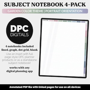 May include: Digital notebook set with a garden color theme and portrait orientation. The image includes a black digital tablet with lined pages, and a black circle with the text "DPC DIGITALS". The text says "4 notebooks included lined, graph, dot grid, blank".