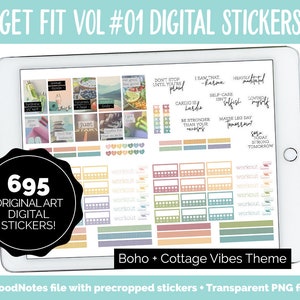 May include: A digital sticker set with a boho and cottage vibes theme. The set includes 695 original art digital stickers for use in digital planners and journals. The stickers feature a variety of designs, including motivational quotes, fitness-related icons, and floral patterns. The stickers are in a variety of colors, including pink, blue, green, yellow, and orange.