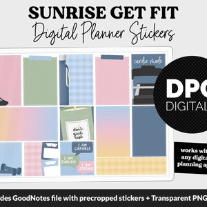 May include: A set of digital planner stickers with a sunrise theme. The stickers feature a variety of motivational quotes, fitness-related icons, and patterned backgrounds. The stickers are designed to be used in digital planners and are compatible with GoodNotes.