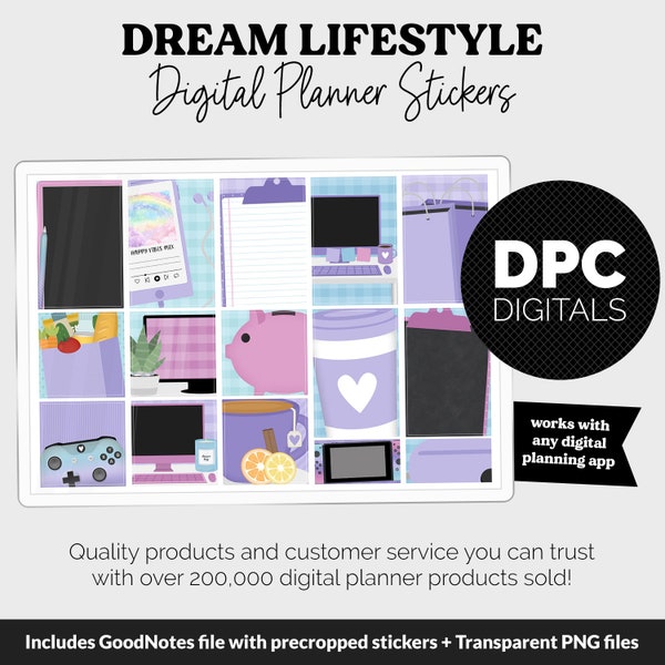 Dream Lifestyle Add-On Digital Stickers | GoodNotes & iPad | TV, Playlist, Travel, Reading, Work, Groceries