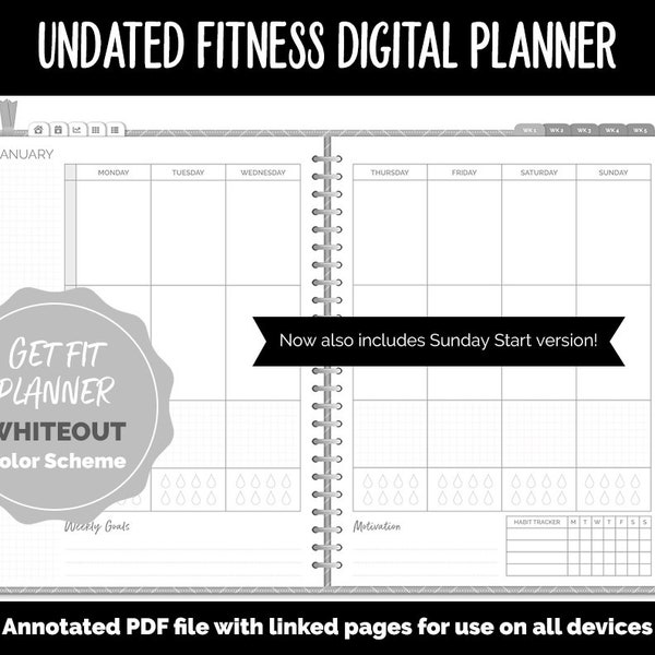 Undated Digital Fitness Planner | Whiteout | Goodnotes & iPad | Workout, Diet, Weight Loss, Self-Care and Health