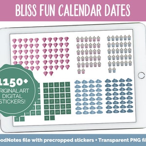 May include: A digital planner sticker set with over 1150 original art stickers. The stickers feature various designs, including diamonds, cupcakes, and clouds. The stickers are precropped and come in transparent PNG files.