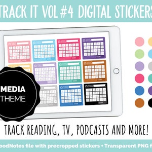 Op de afbeelding: Een digitale stickerset voor GoodNotes met 9 verschillende gekleurde kalendertrackers met de tekst "TRACK IT VOL #4 DIGITAL STICKERS" en "MEDIA THEME" in zwarte tekst. De stickers zijn ontworpen om lezen, tv, podcasts en meer bij te houden.