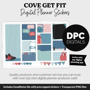 May include: A digital planner sticker sheet titled COVE GET FIT Digital Planner Stickers featuring fitness-themed graphics including sneakers, a kettlebell, a water bottle, a yoga mat, a gym bag, and a sports bra, with motivational text bubbles and banners.