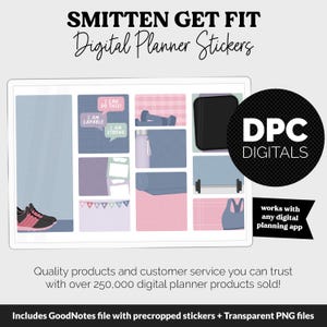 Op de afbeelding: Digitale planner stickers met fitness-thema graphics. De stickers bevatten afbeeldingen van een yogamat, dumbbells, een waterfles en een hardloopschoen. Tekst bevat "Ik ben in staat" en "Ik ben sterk". Het product is compatibel met elke digitale planning app.
