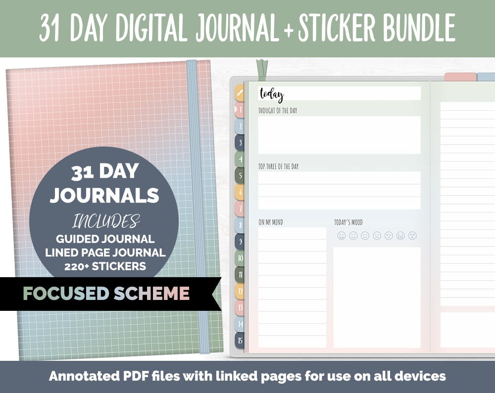 31 Day Digital Journal Sticker Bundle Focused Theme Etsy