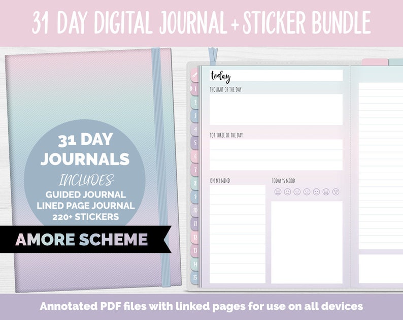 31 Day Digital Journal Sticker Bundle Amore Theme GoodNotes, iPad & Android image 1