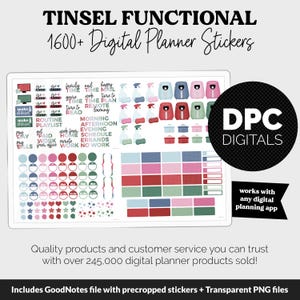 May include: A digital planner sticker set with the text "TINSEL FUNCTIONAL 1600+ Digital Planner Stickers." The stickers include various icons, shapes, and text labels in shades of pink, blue, and red. A black circle with "DPC DIGITALS" is on the right.