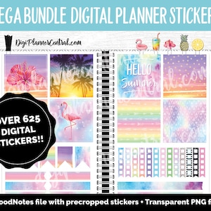 May include: A digital planner sticker bundle with over 625 stickers featuring a tropical theme. The stickers include a flamingo, palm trees, pineapples, and the text "Hello Summer".