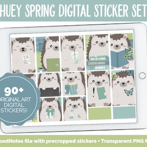 May include: A digital sticker set featuring 90+ original art stickers of cute hedgehogs in various spring-themed activities. The stickers are displayed on a tablet screen and include phrases like "To Do", "Five of a Kind", and "Word Fun".