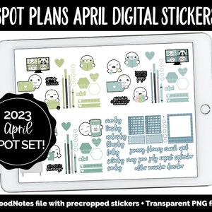 Könnte beinhalten: Ein digitaler Sticker-Set für April 2023 mit einem grün-blauen Farbschema. Die Sticker zeigen niedliche Illustrationen eines Geistes, eines Pandas und eines Laptops. Der Text "2023 April SPOT SET!" ist auf einem schwarzen Kreis abgebildet.