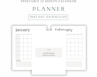 12 Month Calendar Printable Planner | Minimalist Homeschool Monthly Planner