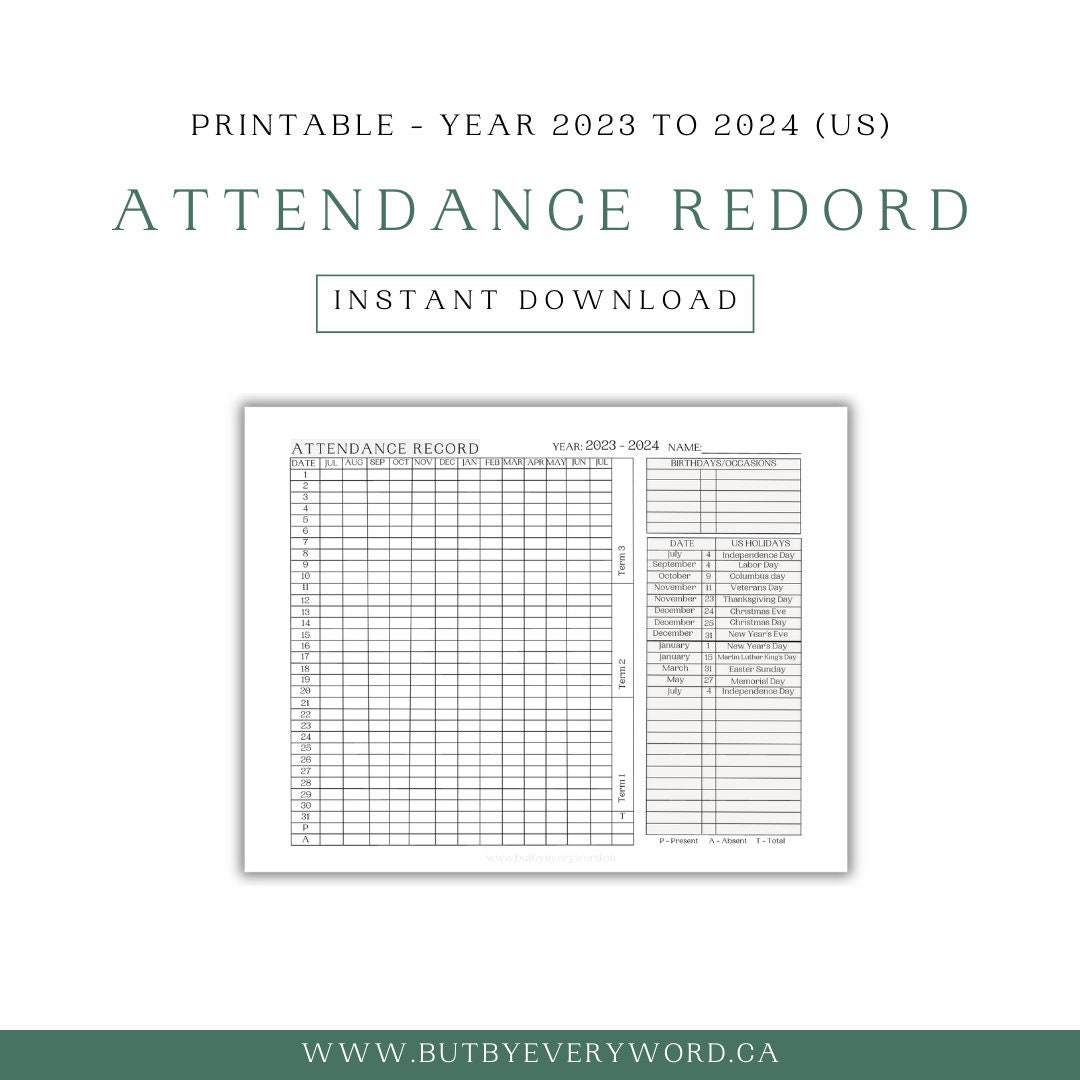 US Attendance Record 2023 2024 Printable Homeschool Attendance Sheet ...
