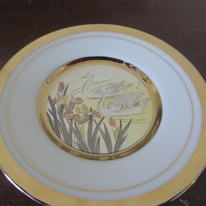 Art of Chokin Miniature Plate Witu Swans - Gold Edge