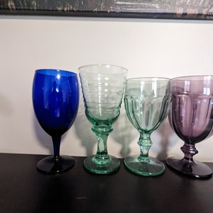 Mismatched green, blue and purple goblets; Vintage water goblets; Iced Tea goblets, Set of 4