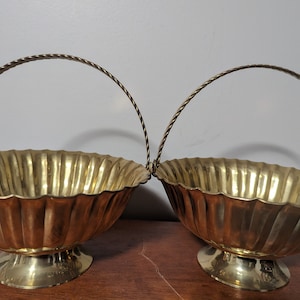 Pair of Brass Decorative Basket/Bowl with Handle, Brass Pedestal Bowl