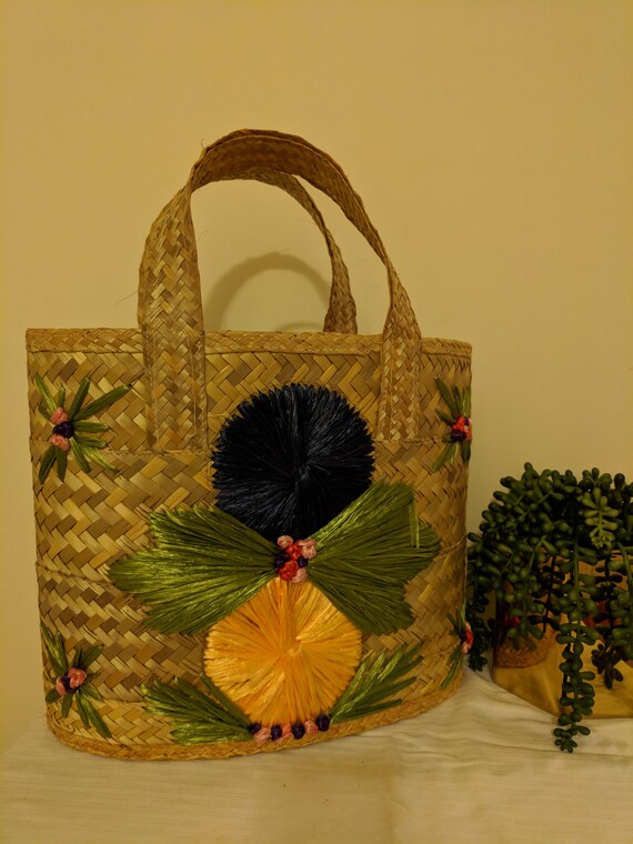 Vintage wicker tote, wicker bag, floral straw wick