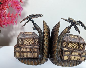 Pair of Palm Tree with  Luggage Chest Tropical  Bookends