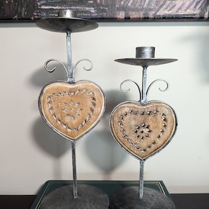 Pair of Metal and Wood Heat Shaped Candle Holders