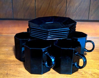 Pair of Arcoroc France Octime Black Opaque Glass Octagonal Cups and  Saucers