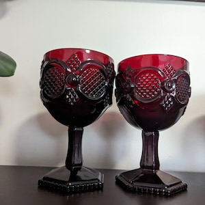 Vintage Ruby Red Glass Water Goblets in Avon 1876 Cape Cod Pattern S0et of 2