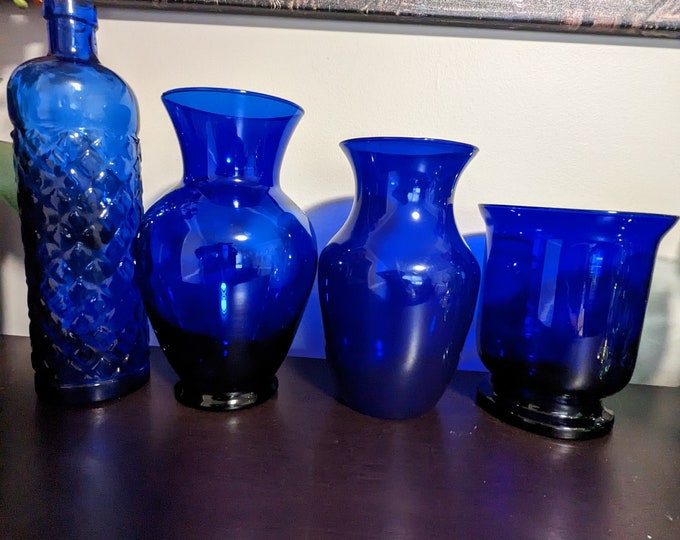 Set of 4 Cobalt Blue Vases, Mismatched Cobalt Blue Glass Vases Etsy