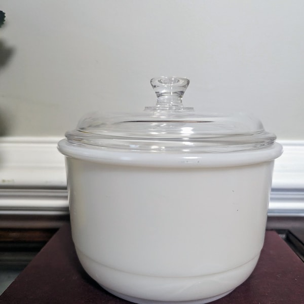 Vintage Milk Glass Sauce Pan with Clear Glass Lid