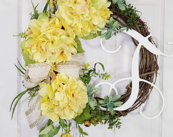 Yellow Hydrangea Wreath, Mother's Day gift.  front door spring decor