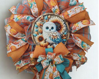 Handmade Fall Owl Wreath, Teal Orange Pumpkin Decor