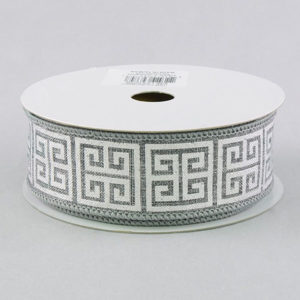 Greek Key Canvas Ribbon: Grey & Metallic Silver  1.5" X 4.5 YARDS