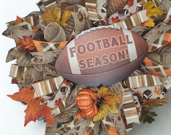Football Season Wreath for Front Door, Fall Mesh Wreath with Pumpkins and Leaves, Game Day Decor, Autumn Football Door Wreath