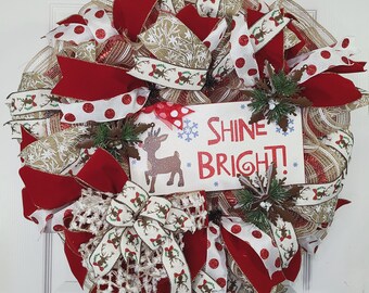 Christmas Wreath, Reindeer Wreath,  Front Door Wreath, Christmas Door Decor