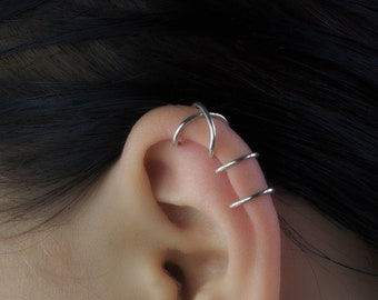 Set of Cross and line Ear Cuffs,Sterling Silver Criss Cross Cuff, Ear Cuff No Piercing, Fake Helix Piercing, Sterling Silver Ear Wrap,