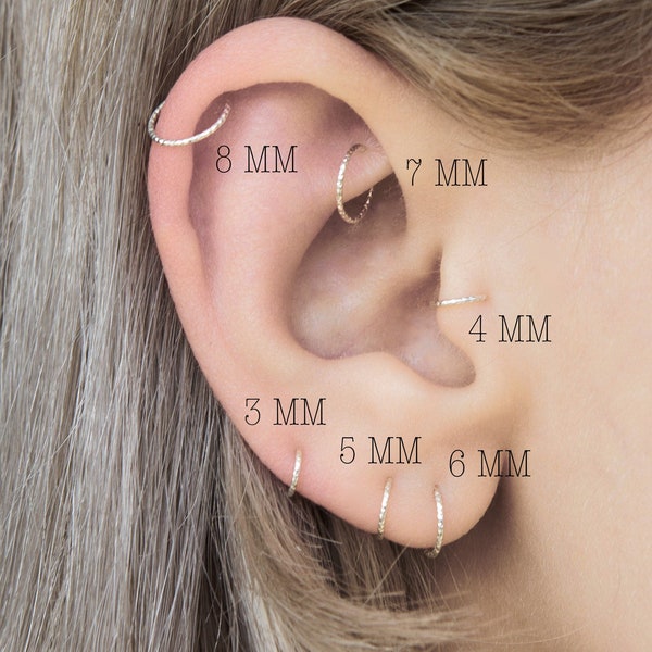 Boucles d’oreilles minces de tous les jours Diamond Cut Piercing hoop en argent sterling, 3mm à 12mm, fil de calibre 20