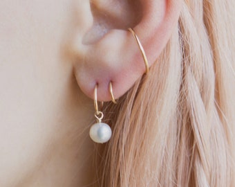 Gold Pearl Huggie Hoop Earrings in Gold-Filled