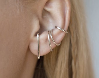 Boucles d’oreilles minimalistes Lobe Cuff Huggie Hoop et gros poignets d’oreille conque de calibre 14 en argent sterling