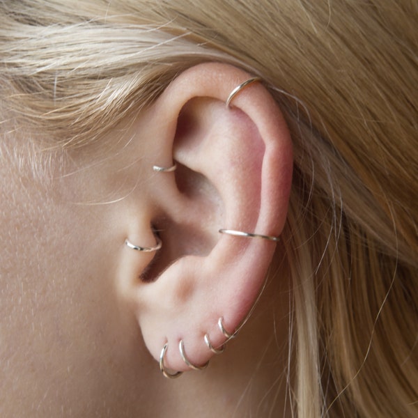 Thin everyday Piercing hoop earrings in Sterling Silver, 3mm hoop to 12mm, 20 gauge wire